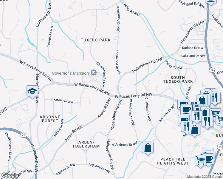 map of restaurants, bars, coffee shops, grocery stores, and more near 289 West Paces Ferry Road Northwest in Atlanta