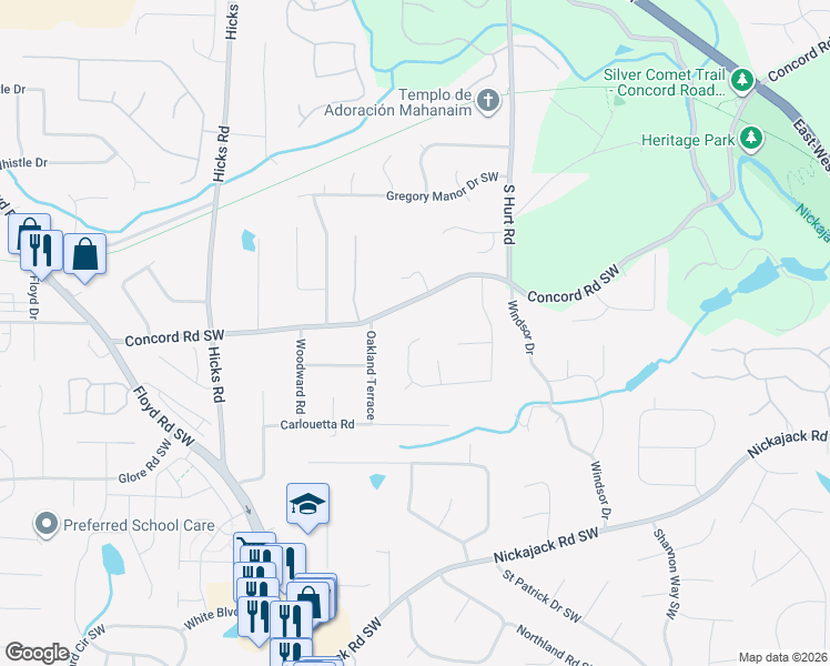 map of restaurants, bars, coffee shops, grocery stores, and more near 4619 Gann Crossing Southwest in Smyrna