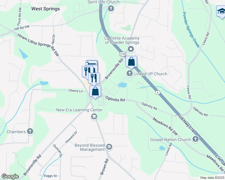 map of restaurants, bars, coffee shops, grocery stores, and more near 4493 Brownsville Road in Powder Springs