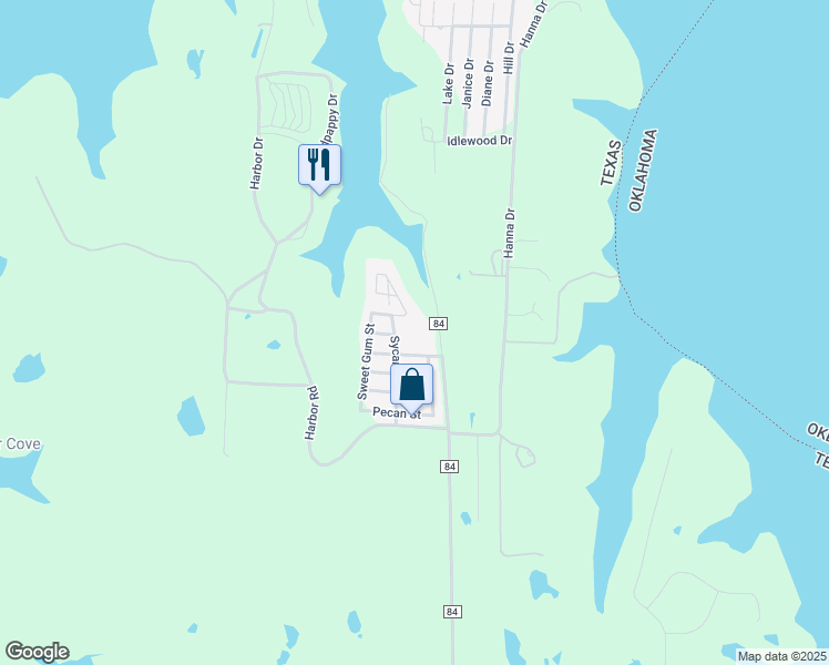 map of restaurants, bars, coffee shops, grocery stores, and more near 183 Pappy's Road in Denison