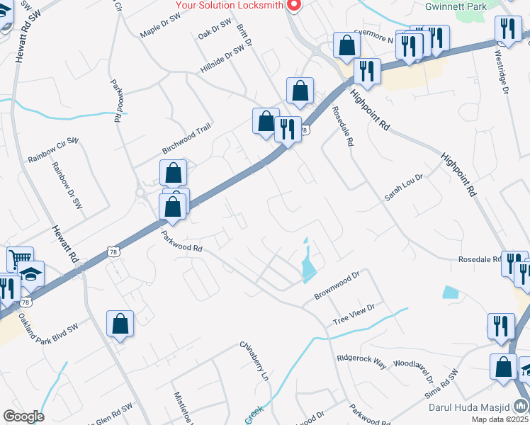map of restaurants, bars, coffee shops, grocery stores, and more near 2071 Boone Place in Snellville