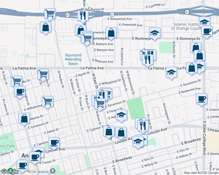 map of restaurants, bars, coffee shops, grocery stores, and more near 1241 East Eastwood Drive in Anaheim