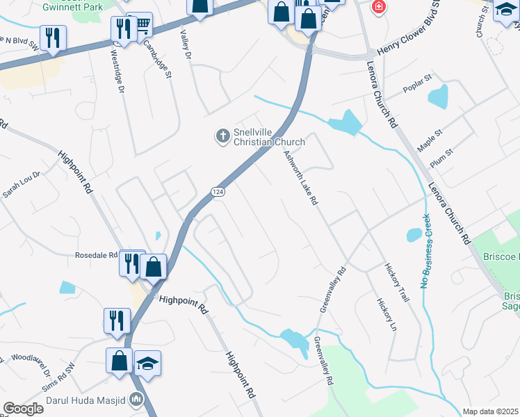 map of restaurants, bars, coffee shops, grocery stores, and more near 2572 Pamela Drive Southwest in Snellville