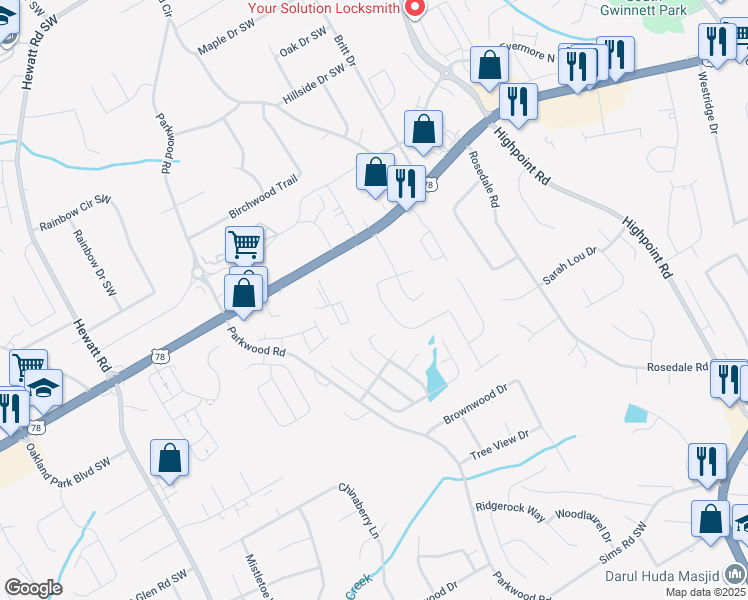 map of restaurants, bars, coffee shops, grocery stores, and more near 2071 Boone Place in Snellville