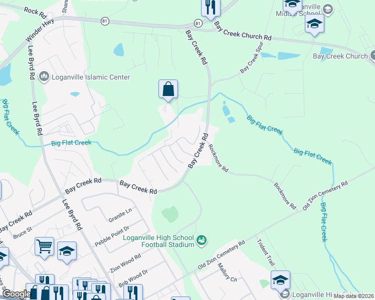 map of restaurants, bars, coffee shops, grocery stores, and more near 805 Golden Isles Drive in Loganville
