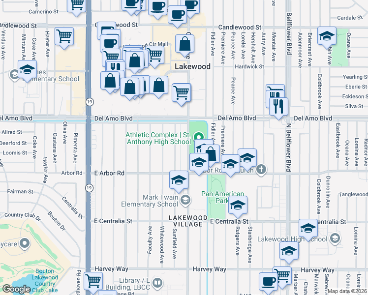 map of restaurants, bars, coffee shops, grocery stores, and more near 4801 Clark Avenue in Long Beach