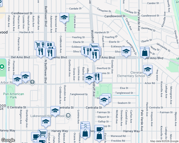 map of restaurants, bars, coffee shops, grocery stores, and more near 4760 Albury Avenue in Lakewood