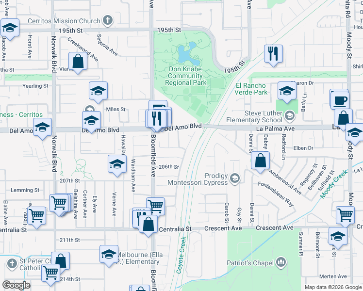 map of restaurants, bars, coffee shops, grocery stores, and more near 20340 Winkler Avenue in Lakewood