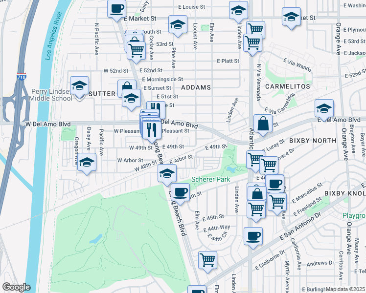 map of restaurants, bars, coffee shops, grocery stores, and more near 238 E 49th St in Long Beach