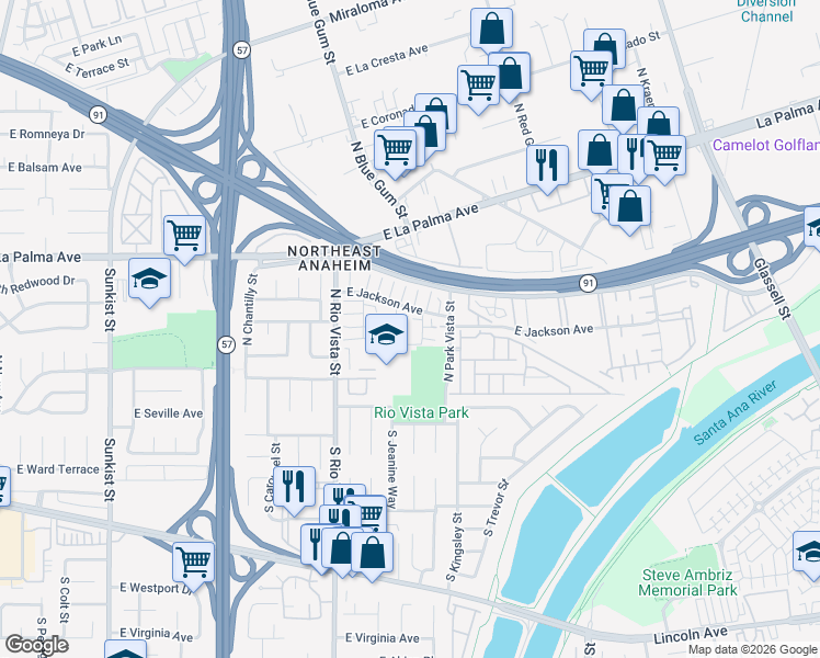 map of restaurants, bars, coffee shops, grocery stores, and more near 420 North Jeanine Drive in Anaheim