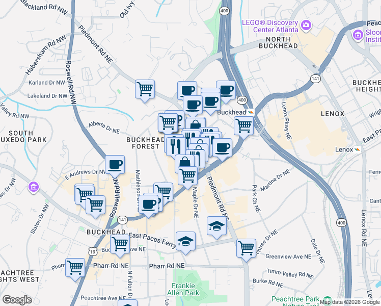 map of restaurants, bars, coffee shops, grocery stores, and more near 3314 Piedmont Road Northeast in Atlanta