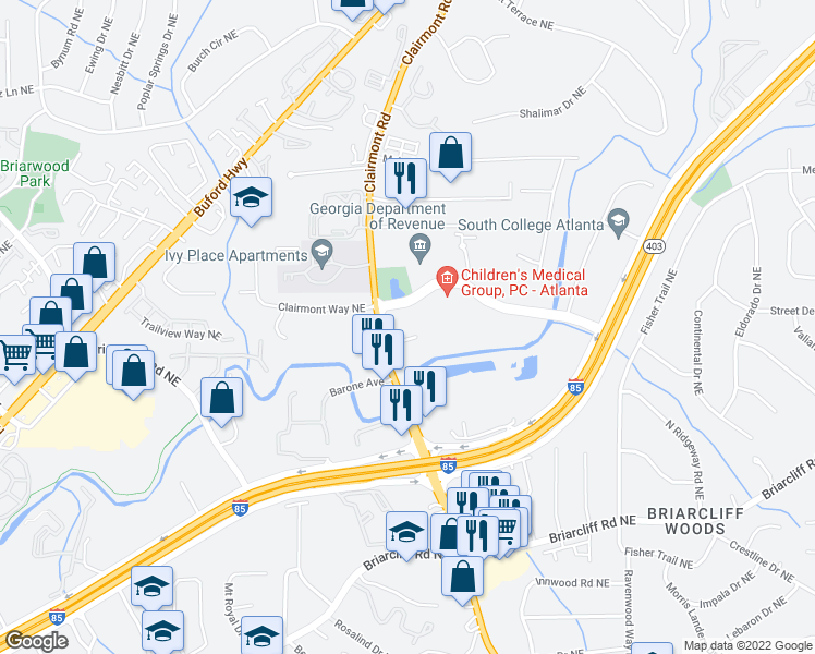 map of restaurants, bars, coffee shops, grocery stores, and more near 2987 Clairmont Road in Atlanta