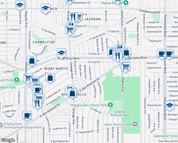 map of restaurants, bars, coffee shops, grocery stores, and more near 4742 Gundry Avenue in Long Beach