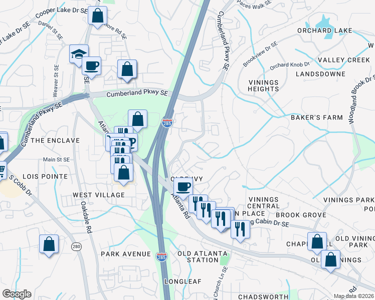 map of restaurants, bars, coffee shops, grocery stores, and more near 4623 Ivy Gate Circle Southeast in Atlanta