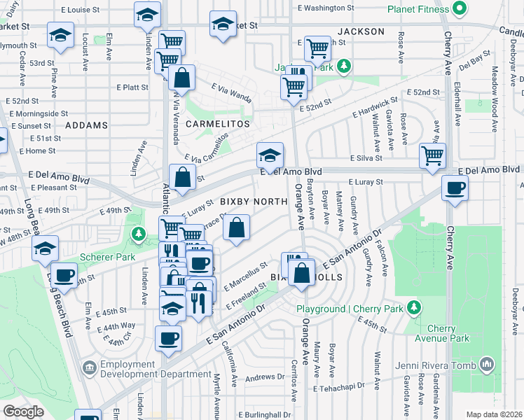 map of restaurants, bars, coffee shops, grocery stores, and more near 1112 East Ridgewood Street in Long Beach