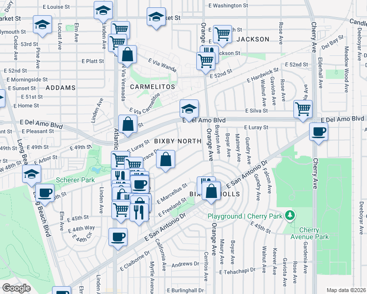 map of restaurants, bars, coffee shops, grocery stores, and more near 1124 East Ridgewood Street in Long Beach