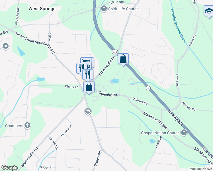 map of restaurants, bars, coffee shops, grocery stores, and more near 4493 Brownsville Road in Powder Springs