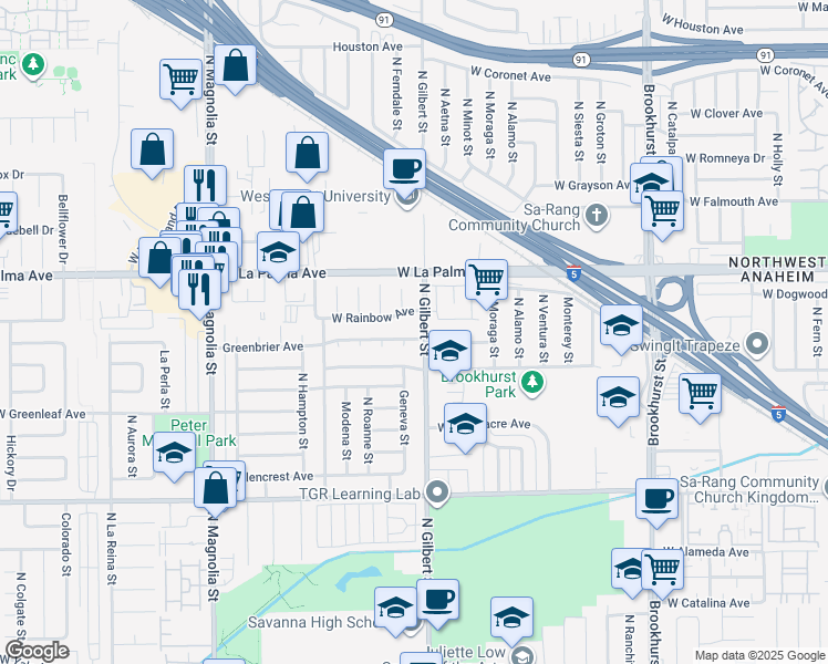 map of restaurants, bars, coffee shops, grocery stores, and more near 2407 Greenbrier Avenue in Anaheim