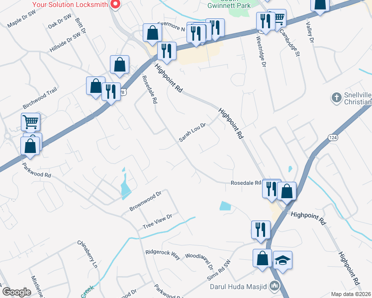 map of restaurants, bars, coffee shops, grocery stores, and more near 2354 Rosedale Road in Snellville