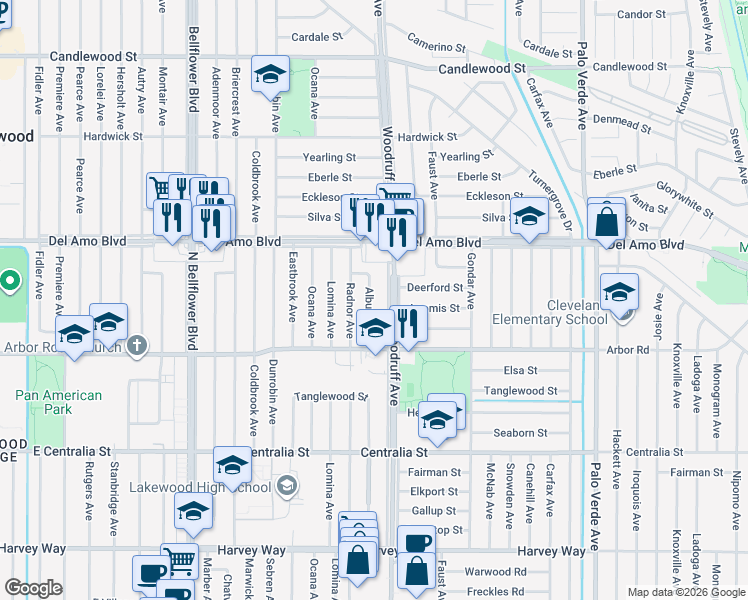 map of restaurants, bars, coffee shops, grocery stores, and more near 4760 Albury Avenue in Lakewood