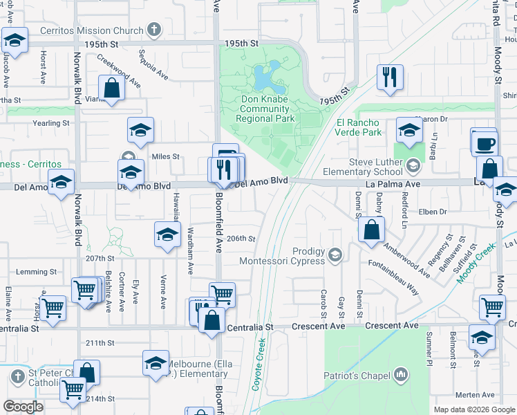 map of restaurants, bars, coffee shops, grocery stores, and more near 20340 Winkler Avenue in Lakewood