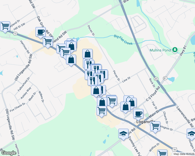 map of restaurants, bars, coffee shops, grocery stores, and more near 4132 Atlanta Highway in Loganville