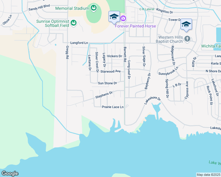 map of restaurants, bars, coffee shops, grocery stores, and more near 5416 Stephens Drive in Wichita Falls