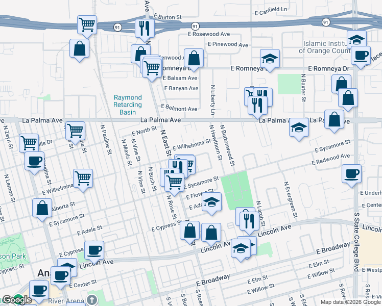 map of restaurants, bars, coffee shops, grocery stores, and more near 1241 East Eastwood Drive in Anaheim