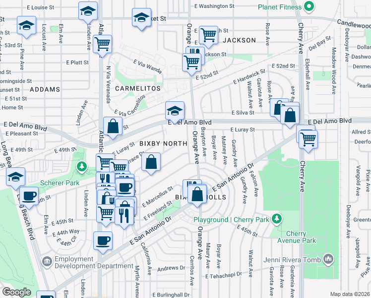 map of restaurants, bars, coffee shops, grocery stores, and more near 4807 Bentree Avenue in Long Beach