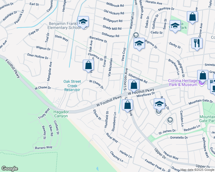 map of restaurants, bars, coffee shops, grocery stores, and more near 3174 Vía Mazatlan in Corona