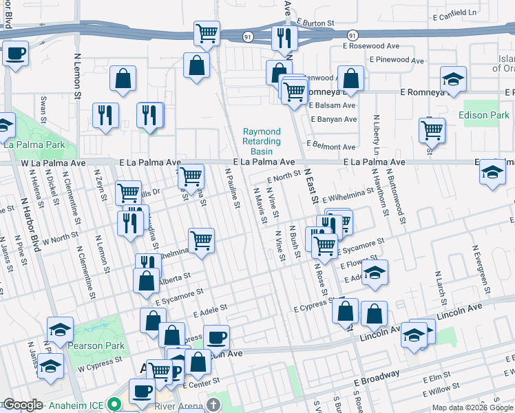 map of restaurants, bars, coffee shops, grocery stores, and more near 716 North Pauline Street in Anaheim