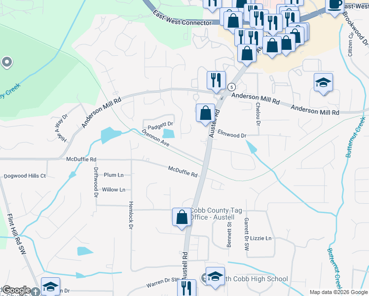 map of restaurants, bars, coffee shops, grocery stores, and more near 1974 Drennon Avenue in Austell