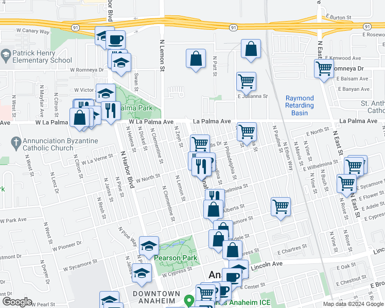 map of restaurants, bars, coffee shops, grocery stores, and more near 823 Anaheim Boulevard in Anaheim
