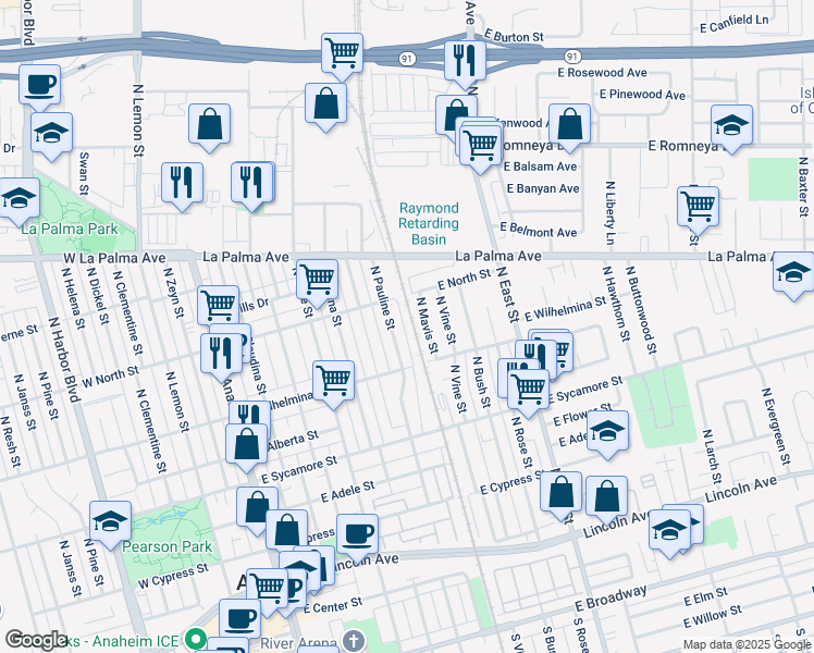map of restaurants, bars, coffee shops, grocery stores, and more near 758 North Ethan Way in Anaheim