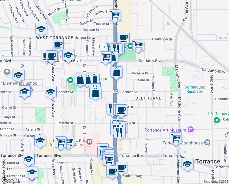 map of restaurants, bars, coffee shops, grocery stores, and more near Hawthorne Blvd & Spencer St in Torrance