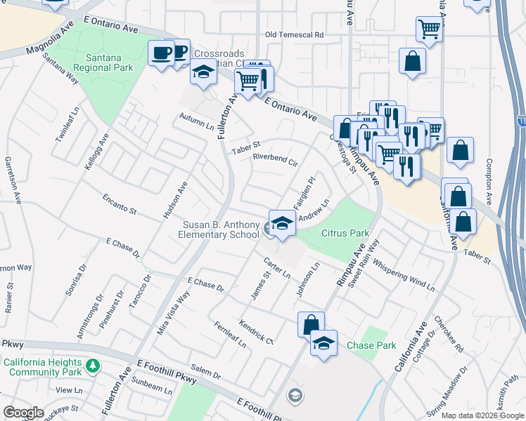 map of restaurants, bars, coffee shops, grocery stores, and more near 1082 Mountain Grove Lane in Corona