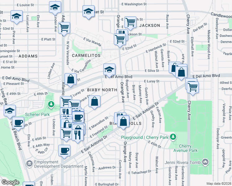 map of restaurants, bars, coffee shops, grocery stores, and more near 4807 Bentree Avenue in Long Beach