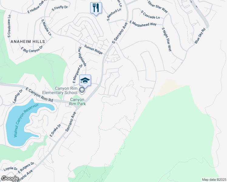 map of restaurants, bars, coffee shops, grocery stores, and more near 1047 South Rising Sun Court in Anaheim