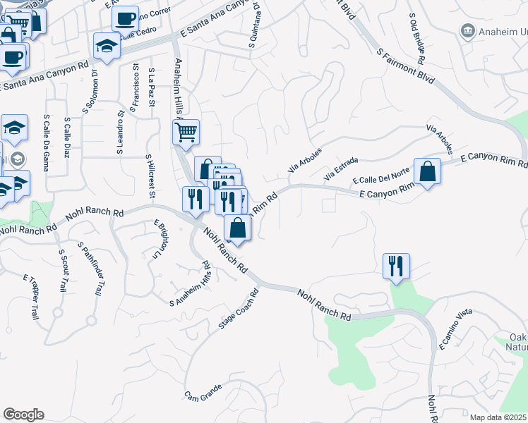 map of restaurants, bars, coffee shops, grocery stores, and more near 515 South Ranch View Circle in Anaheim