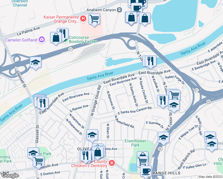 map of restaurants, bars, coffee shops, grocery stores, and more near 4137 North Ramona Street in Orange