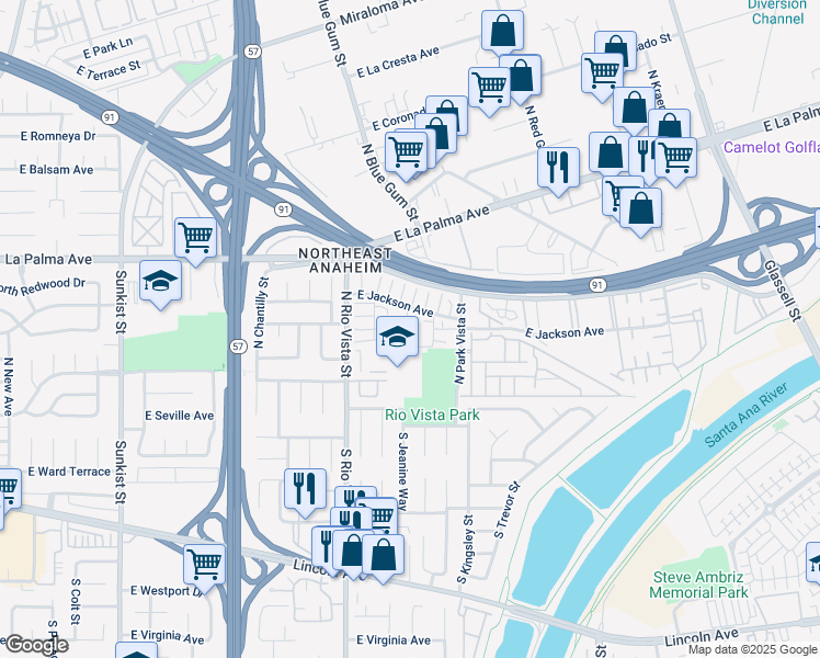 map of restaurants, bars, coffee shops, grocery stores, and more near 407 North Alice Way in Anaheim
