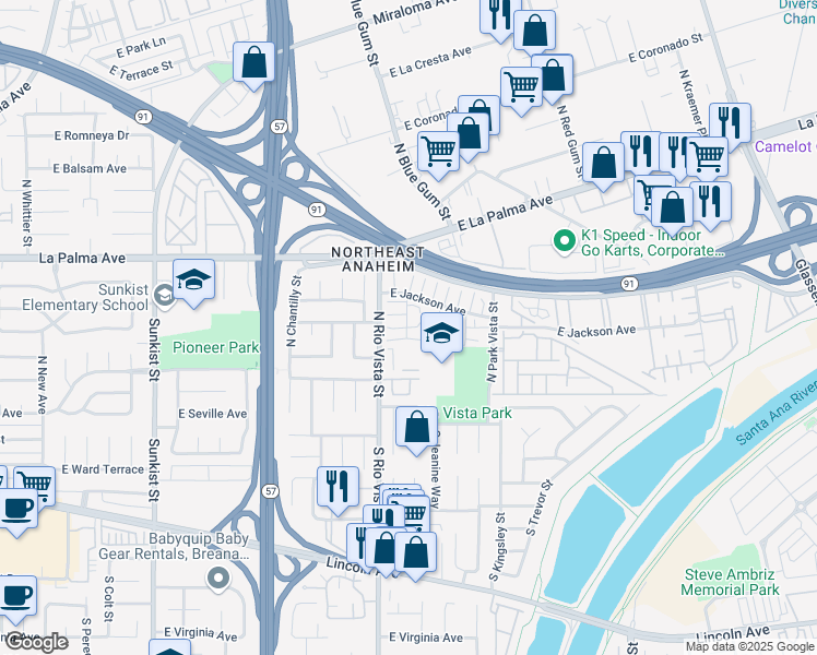 map of restaurants, bars, coffee shops, grocery stores, and more near 400 North Beth Street in Anaheim