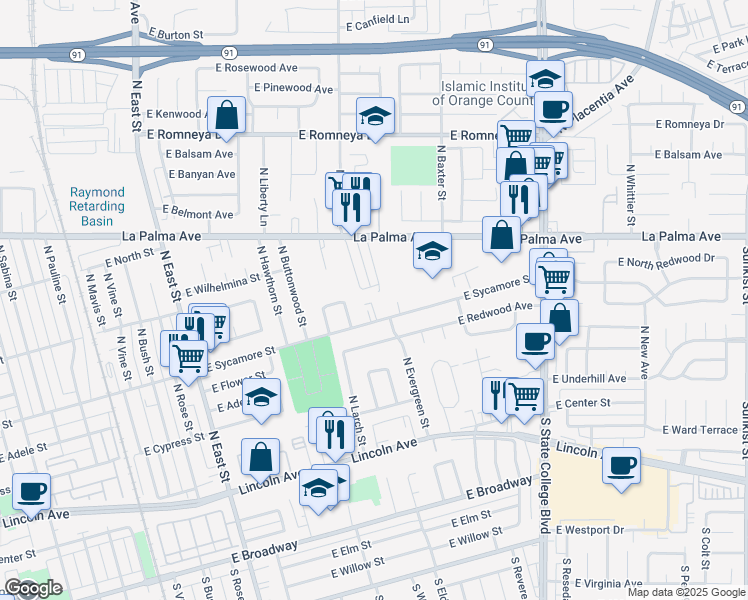 map of restaurants, bars, coffee shops, grocery stores, and more near 1613 East Sycamore Street in Anaheim