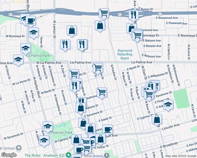 map of restaurants, bars, coffee shops, grocery stores, and more near 741 North Sabina Street in Anaheim
