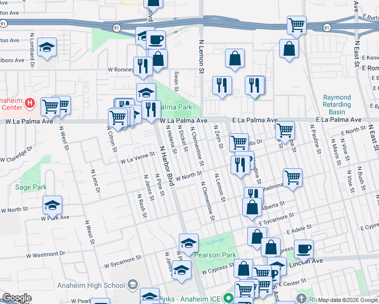map of restaurants, bars, coffee shops, grocery stores, and more near 833 North Dickel Street in Anaheim