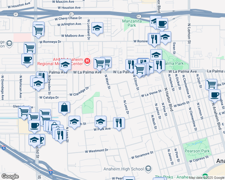 map of restaurants, bars, coffee shops, grocery stores, and more near 929 North West Street in Anaheim