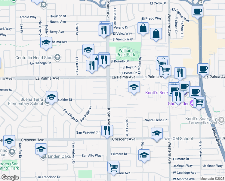 map of restaurants, bars, coffee shops, grocery stores, and more near 10 South Knott Avenue in Buena Park