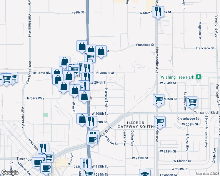map of restaurants, bars, coffee shops, grocery stores, and more near 20502 Harvard Boulevard in Torrance