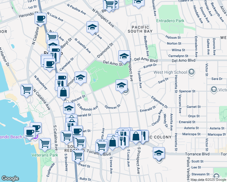 map of restaurants, bars, coffee shops, grocery stores, and more near 224 North Juanita Avenue in Redondo Beach