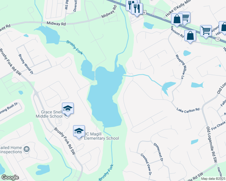 map of restaurants, bars, coffee shops, grocery stores, and more near 3832 Lake Carlton Road in Loganville